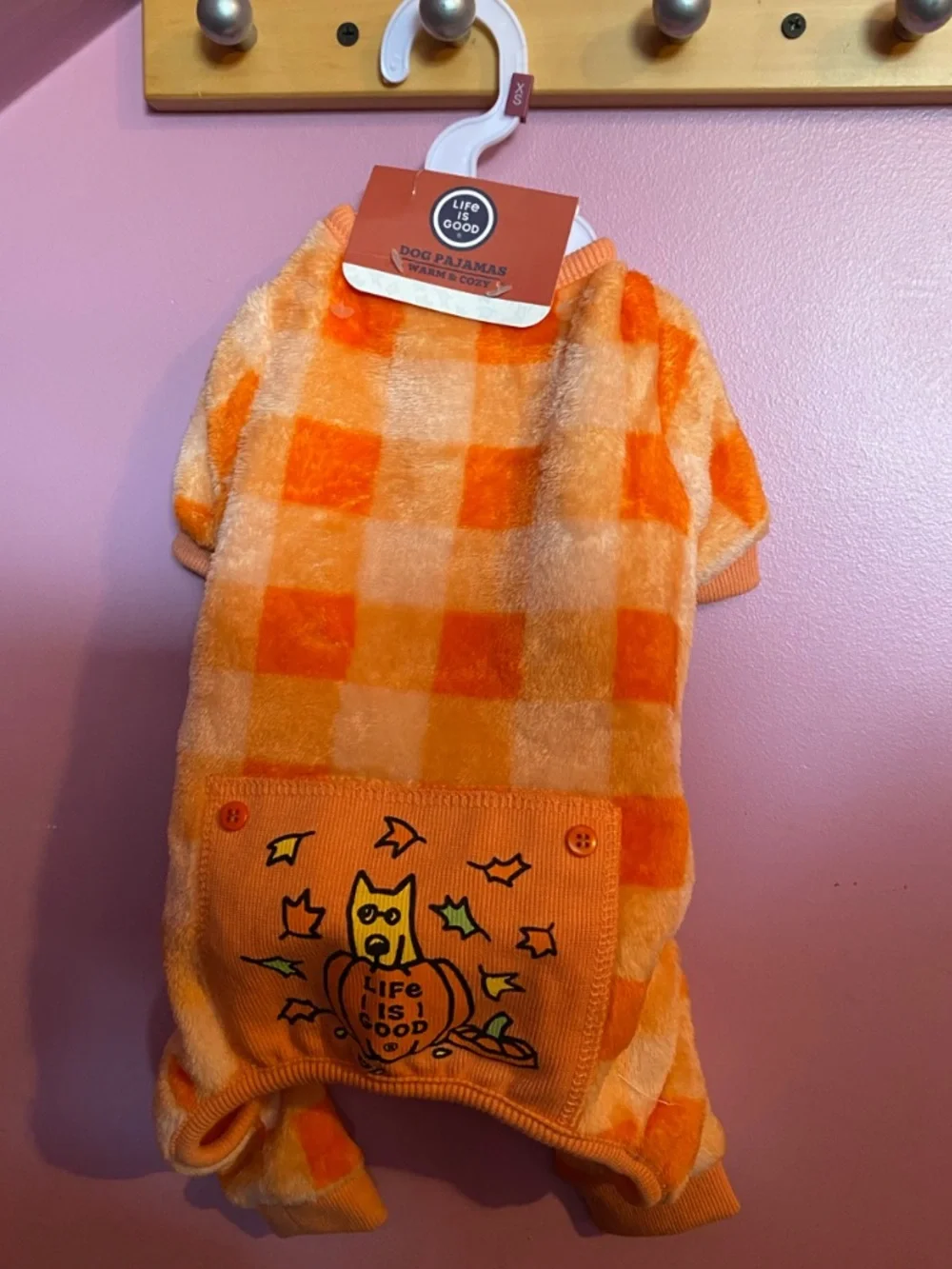 Life is Good orange plaid fleece dog pajama in XS NWT Autumn/Halloween Edition